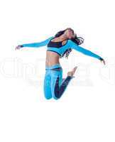 Image of sporty young brunette posing in jump