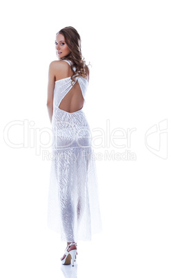Elegant model advertises dress with decollete