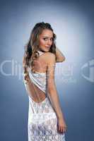 Charming brunette shows white erotic lacy dress