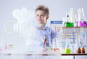 Curious pupil posing with test tubes and flasks