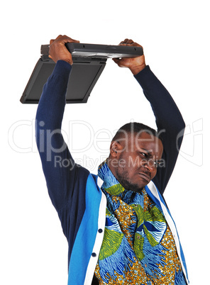 black man throwing his laptop.