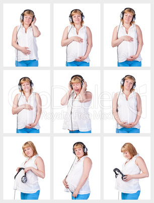 collage collection pregnant woman listening to music in headphon