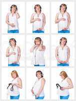 collage collection pregnant woman listening to music in headphon