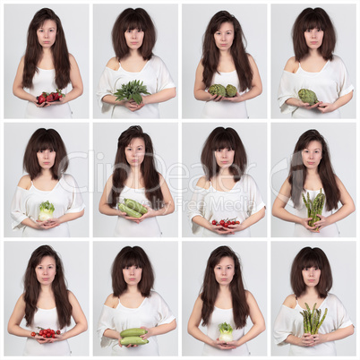 collage young beautiful woman with the fresh vegetables