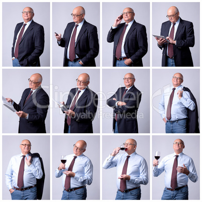 collage portrait of a successful senior man