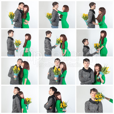 collage happy young couple with bouquet flowers