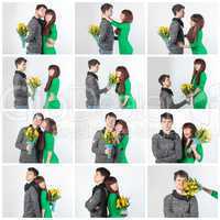 collage happy young couple with bouquet flowers