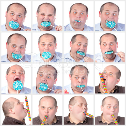 collage portrait fat man eating a lollipop