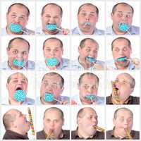 collage portrait fat man eating a lollipop