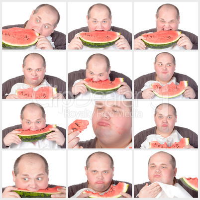 collage portrait obese man eating a large slice of fresh juicy w