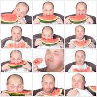 collage portrait obese man eating a large slice of fresh juicy w