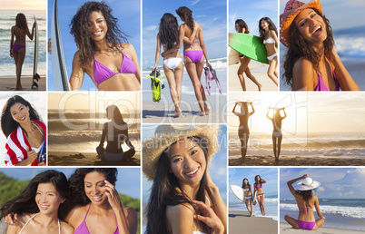 montage of active women beach surfer girls
