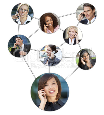 business men women cell phone communication network