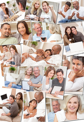 happy interracial couples relaxing at home montage