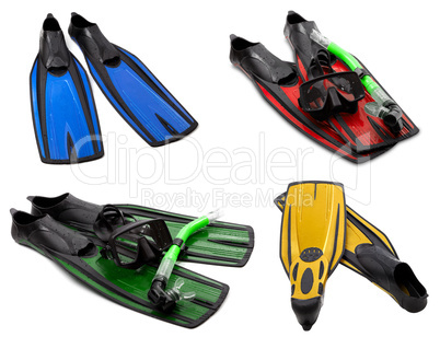 set of multicolored flippers, mask, snorkel for diving with wate