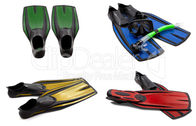 set of multicolored swim fins, masks, snorkel for diving with wa