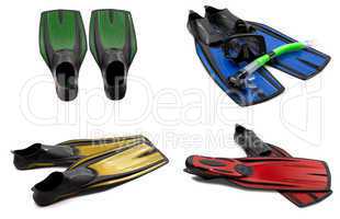 set of multicolored swim fins, masks, snorkel for diving with wa