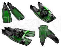 set of green flippers, mask, snorkel for diving with water drops