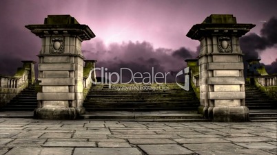 Timelapse clouds with thunder and lightning over old graveyard steps with audio