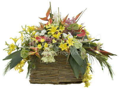flowers in reed flowerpot