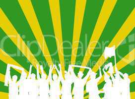 Gelb-grüner Hintergrund mit Silhouette von jubelnden Fans