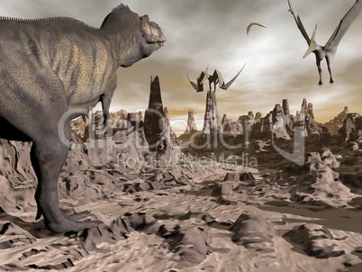 tyrannosaurus running to pteranodons - 3d render
