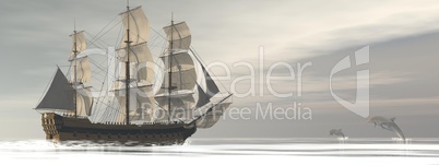 old merchant ship and dolphins - 3d render
