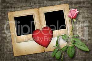 two old-style photo  with red paper heart with pink rose