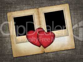 two old-style photo  with red paper hearts