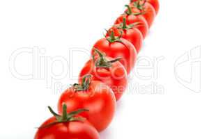 red tomatoes lined up in a row on a white background