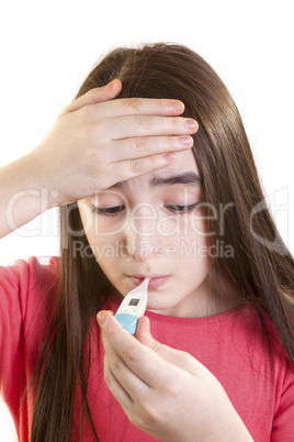 ill girl child with thermometer