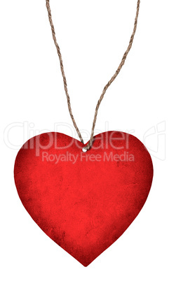 red paper heart hanging on a rope isolated on white background