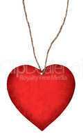 red paper heart hanging on a rope isolated on white background