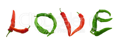love text composed of red and green chili peppers