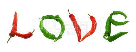 love text composed of red and green chili peppers