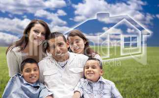 hispanic family sitting in grass field with ghosted house behind