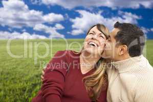 happy mixed couple sitting in grass field
