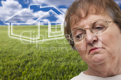 Melancholy Senior Woman with Grass Field and Ghosted House Behin