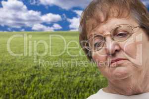 Melancholy Senior Woman with Grass Field Behind