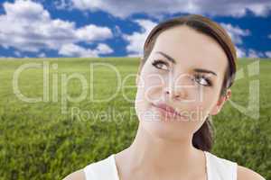 contemplative woman in grass field looking up and over