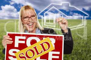 woman with sold for sale sign, keys and ghosted house