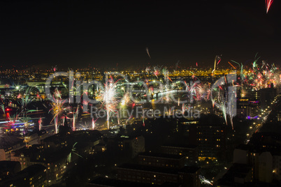 new year's eve fire works over port of hamburg