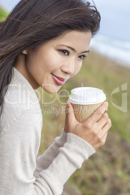 asian chinese woman girl drinking coffee outside