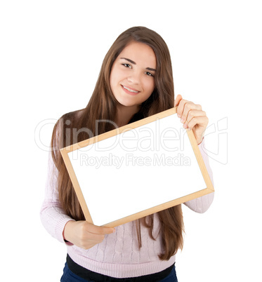 woman holding white board