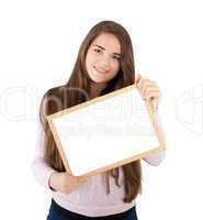 woman holding white board