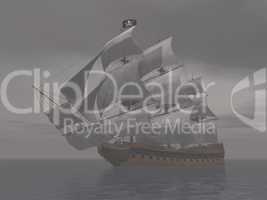 pirate ship in fog- 3d render