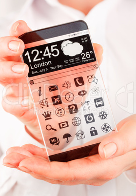 smartphone with transparent screen in human hands.