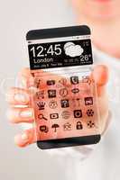 smartphone with transparent screen in human hands.