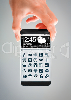 smartphone with transparent screen in human hands.