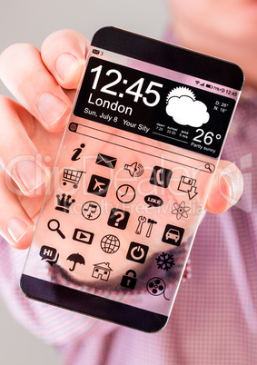 smartphone with transparent screen in human hands.